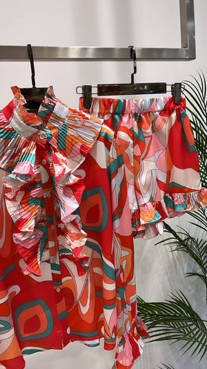 LADIES POOCH PRINT RUFFLE SHORT SET