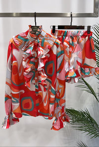 LADIES POOCH PRINT RUFFLE SHORT SET