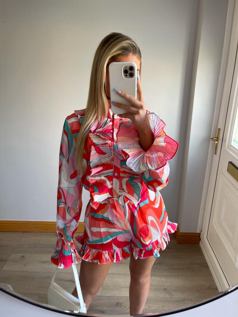 LADIES POOCH PRINT RUFFLE SHORT SET